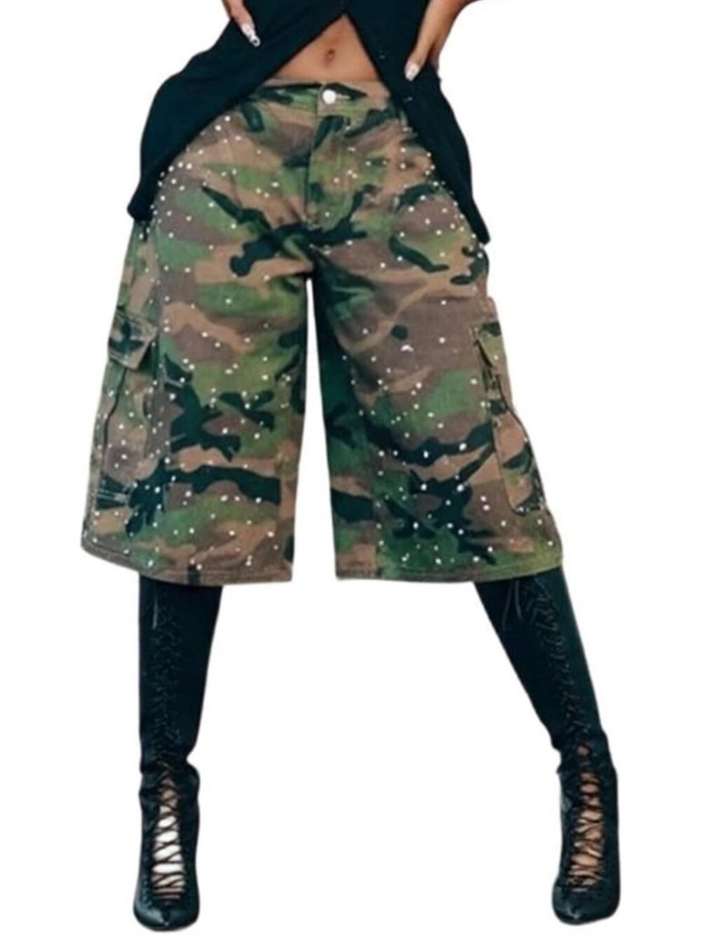 Women Camo Bermuda Cargo Shorts Pearl Rhinestone Long Jean Jorts